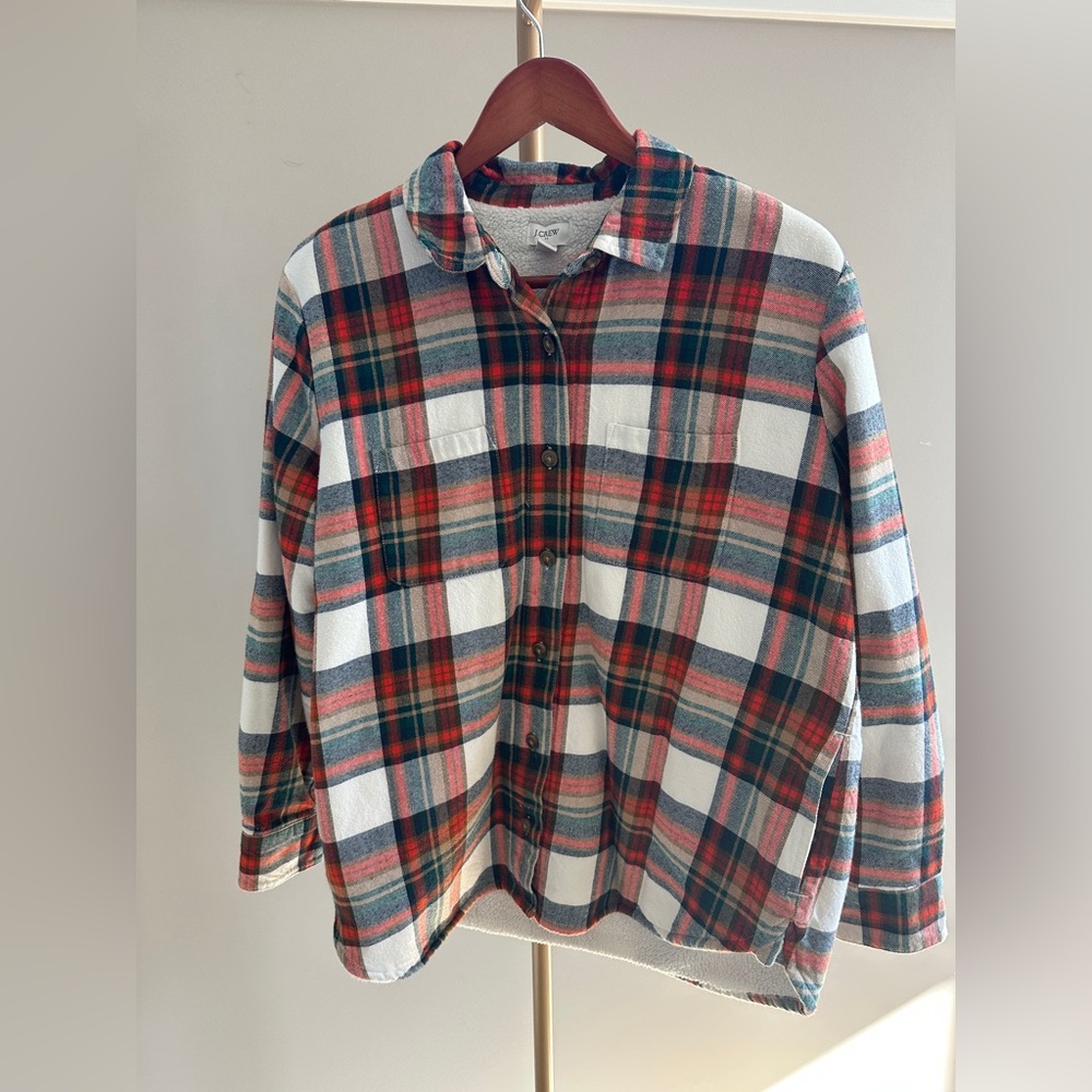 J.Crew Plaid Sherpa Lined Shacket Jacket Oversized Small 100% Cotton Flannel